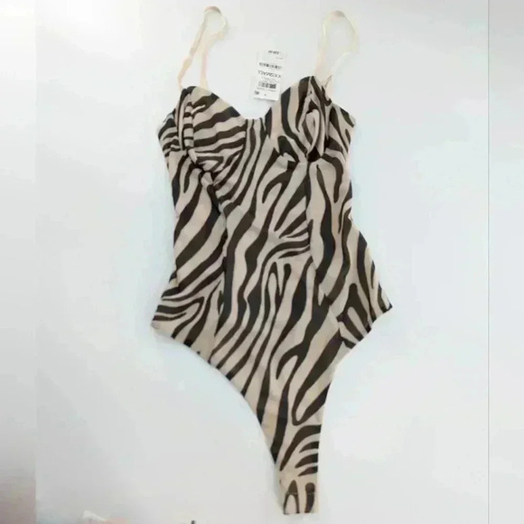 Bar III Bodysuit Womens size XXSmall Beige Black Zebra Print Mesh Lined New - Picture 1 of 8